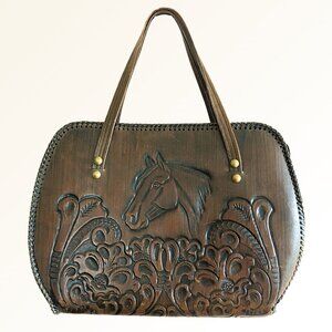 Vintage Jo-O-Kay tooled brown leather horse handbag